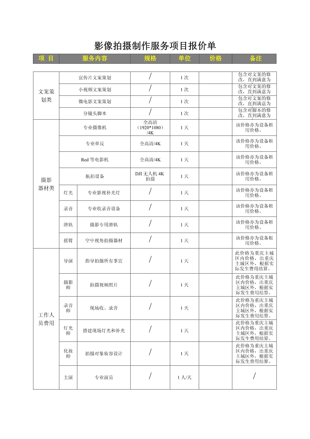 影像拍摄制作服务项目报价单（摄影服务）